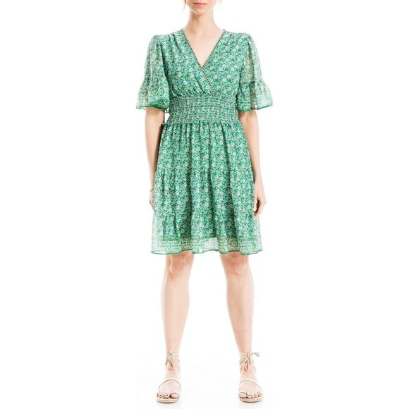 Max Studio Womens Size Small Green Tiered Short Dress Floral Smocked Waist NEW - Picture 1 of 1